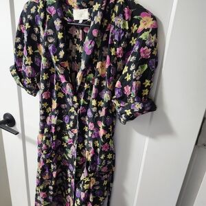 Vintage Black Floral Silk Dress with Pink, Purple & Yellow Blooms